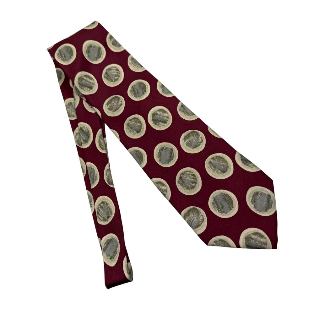 Hugo Boss‎ Mens Burgundy Silk Abstract Polka Dot Tie Made in Italy Wide 4 Inch